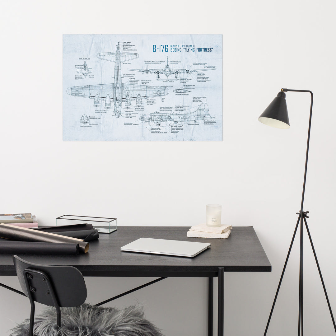 B-17 'Flying Fortress' Blue Print Retro Poster - 36" x 24"