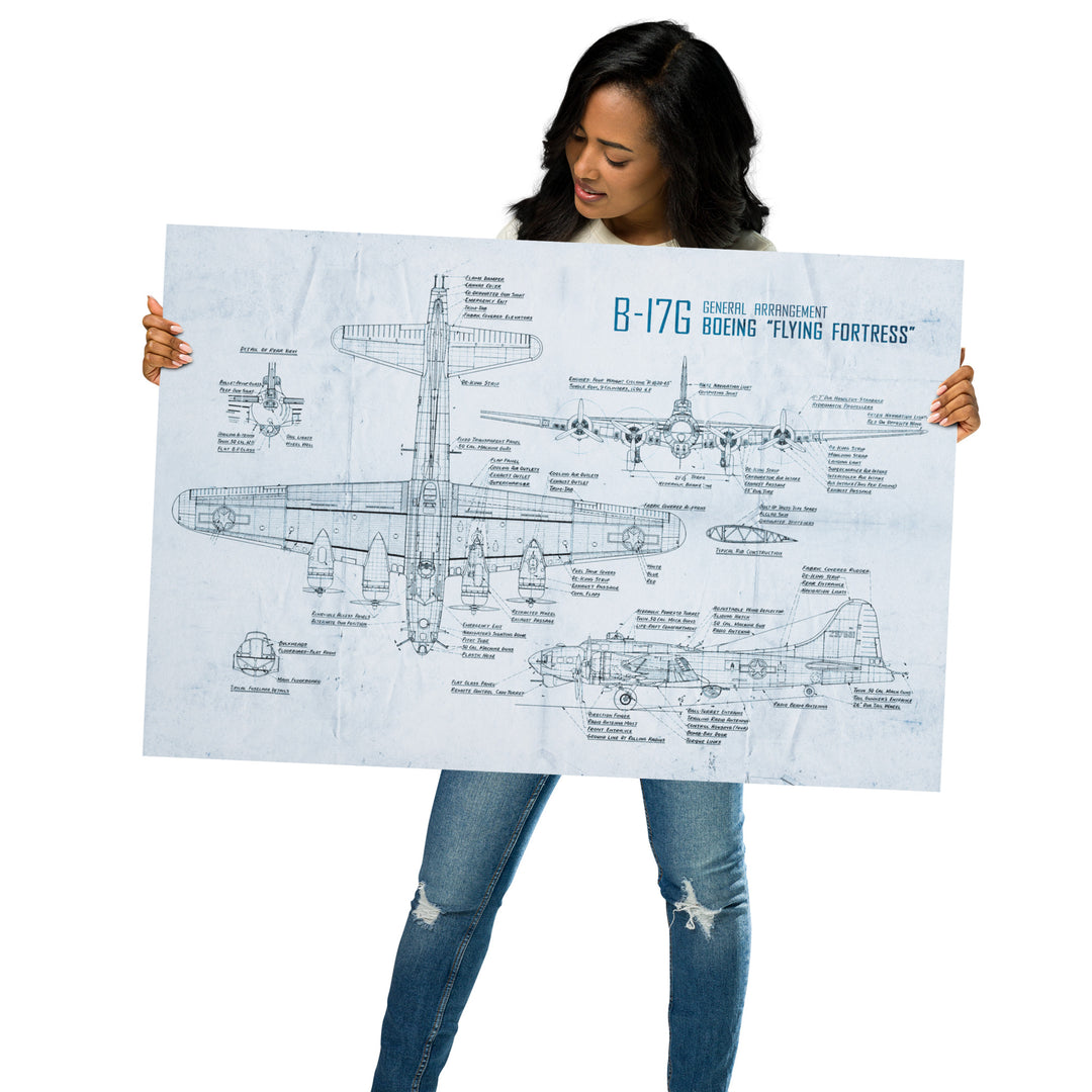 B-17 'Flying Fortress' Blue Print Retro Poster - 36" x 24"