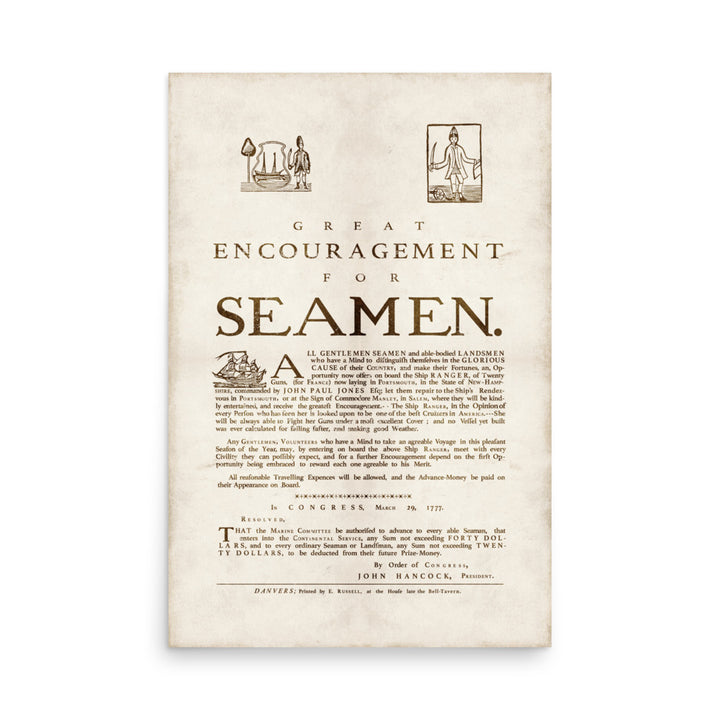 1777 'Great Encouragement for Seamen' Retro Poster - 24" x 36"