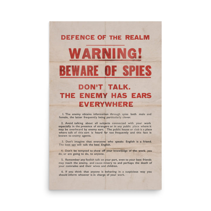 'WARNING! BEWARE OF SPIES' WW2 Retro Poster - 24" x 36"