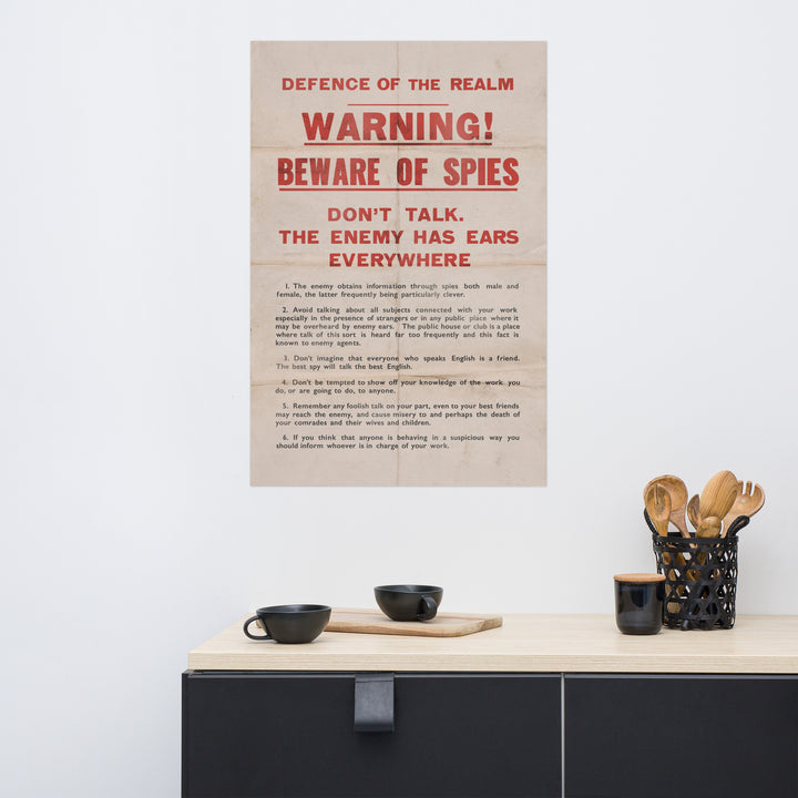 'WARNING! BEWARE OF SPIES' WW2 Retro Poster - 24" x 36"