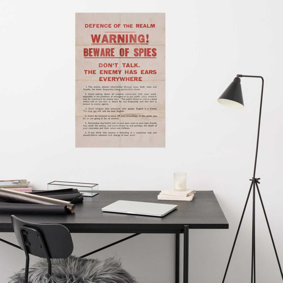 'WARNING! BEWARE OF SPIES' WW2 Retro Poster - 24" x 36"