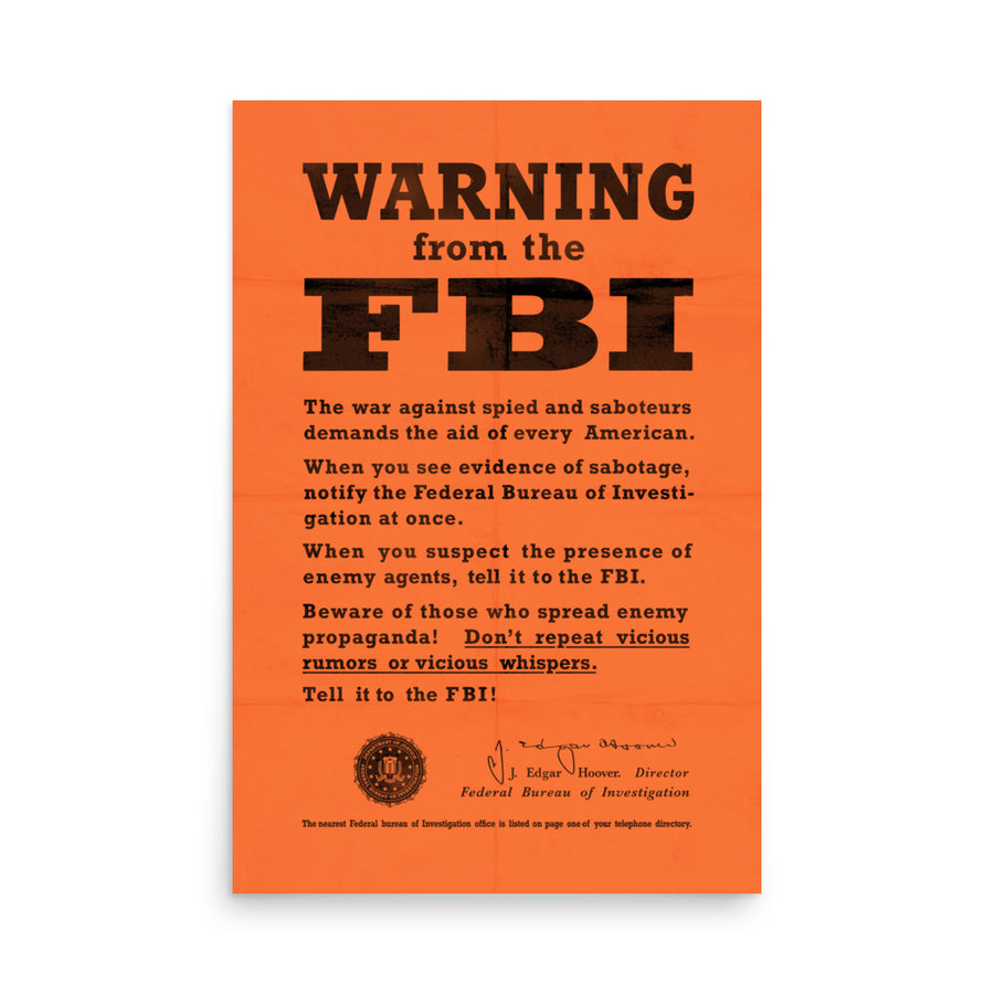 WW2 Spy 'Warning From the FBI' Retro Poster - 24" x 36"