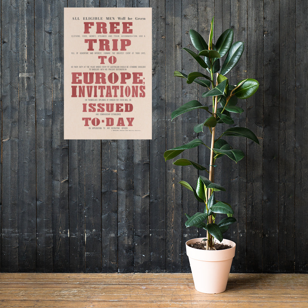 "Free Trip to Europe" Australian WW1 Retro Poster - 24" x 36"