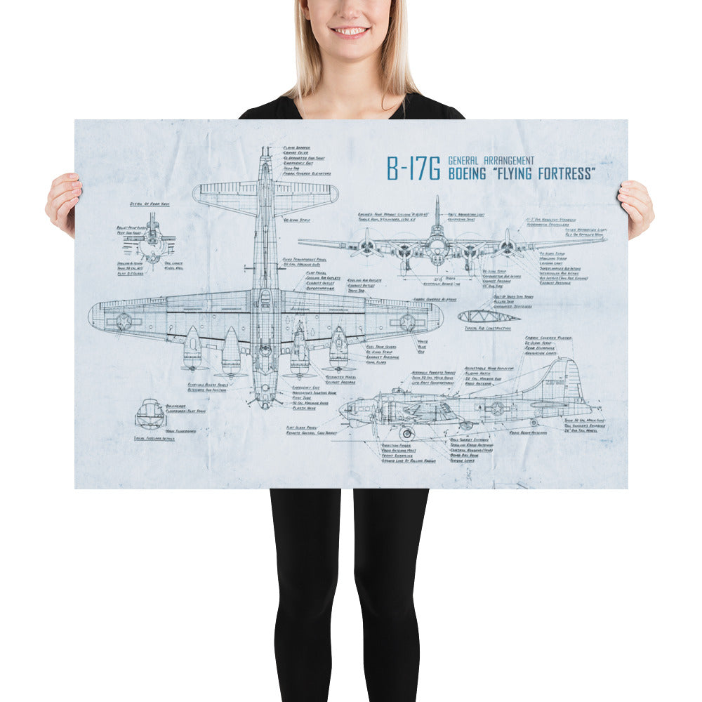 B-17 'Flying Fortress' Blue Print Retro Poster - 36" x 24"